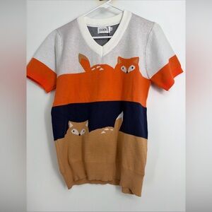 OXKNIT Fox Print Knit Sweater Retro Preppy Sz Large NWT